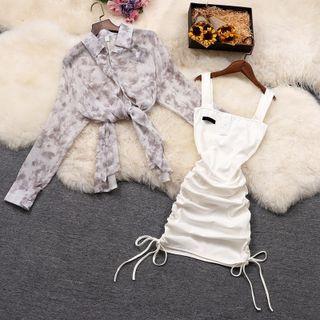 Set: Spaghetti-strap Drawstring Mini Sheath Dress + Tie-dyed Shirt Set Of 2 - Dress - White - One Size / Shirt - White - One Size