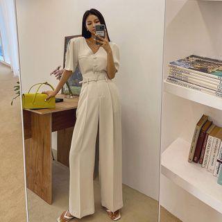 Set: Puff-sleeve Cropped Jacket + Wide-leg Pants