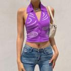 Printed Collared Knit Cropped Halter Top
