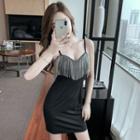 Fringed Spaghetti-strap Mini Sheath Dress