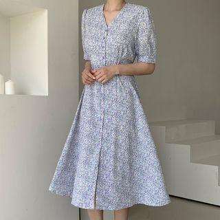 V-neck Button-up Long Floral Dress