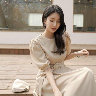 Puff-sleeve Button-back Long Dress With Belt