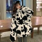 Cow Print Fluffy Zip Jacket Black & White - One Size