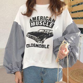Gingham Panel Long-sleeve Print T-shirt