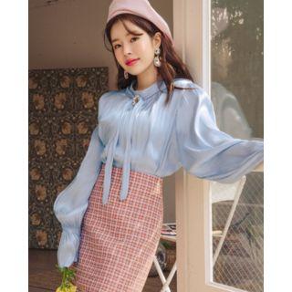 Beribboned High-neck Satin Blouse