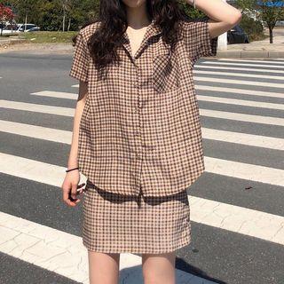 Set: Short-sleeve Plaid Shirt + Mini Pencil Skirt