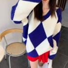 Long-sleeve V-neck Plaid Knit Sweater Blue & White - One Size