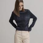Long-sleeve Boatneck Pleated Top Dark Navy Blue - One Size