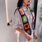 Pointelle Floral Knit Scarf Black & Blue & Red - One Size