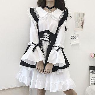 Lace Headpiece / Flared-cuff Lace Trim A-line Dress / Lace-up Pinafore Dress / Set