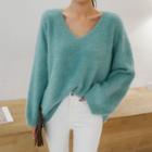 V-neck Loose-fit Fluffy Sweater