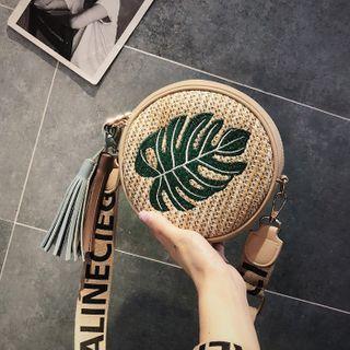 Tassel Leaf Embroidered Woven Round Crossbody Bag