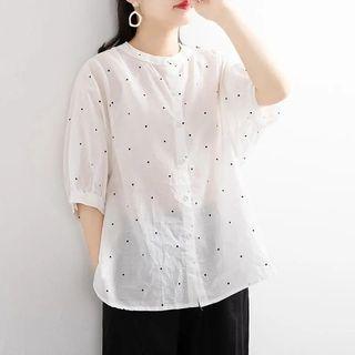 Elbow-sleeve Dotted Collarless Shirt