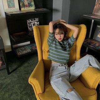 Striped Short-sleeve Crop T-shirt Blue Stripe - Green - One Size