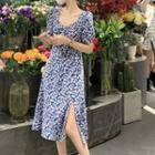 V-neck Puff-sleeve Side-slit Midi Dress