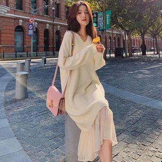 V-neck Chiffon Panel Knit Midi Dress
