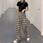 Collared Short-sleeve T-shirt / Plaid Straight-fit Pants