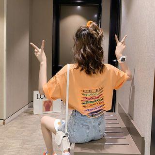 Elbow-sleeve Letter Print Cutout T-shirt