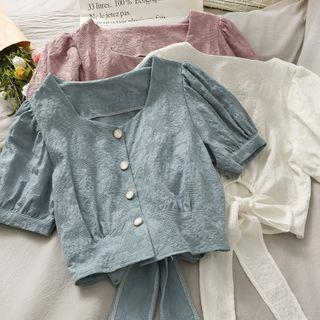 Embossed Ribbon-back Crop Blouse In 5 Colors