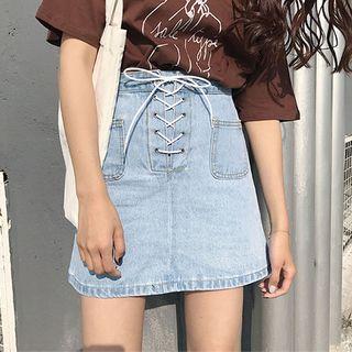Tie-waist Pocketed Strappy A-line Plain Denim Skirt