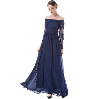Lace Long-sleeve Off-shoulder Chiffon Dress