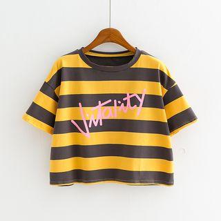 Striped Lettering Short Sleeve Cropped T-shirt