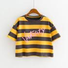 Striped Lettering Short Sleeve Cropped T-shirt