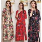 Short-sleeve Floral Print A-line Midi Dress