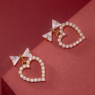 Bow Heart Rhinestone Sterling Silver Dangle Earring