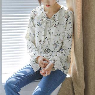 Ruffle-collar Floral Blouse With Tie