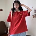 Pizza Embroidered Elbow-sleeve T-shirt