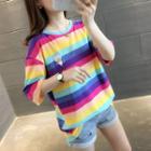 Striped Elbow-sleeve Cartoon Embroidered T-shirt