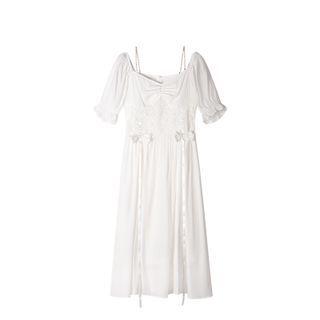 Lace Panel Faux Pearl Cold Shoulder Dress
