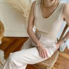 Sleeveless Fitted Rib Knit Top Light Beige - One Size