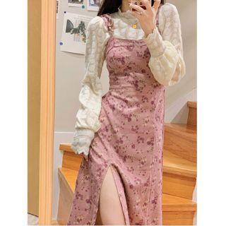 Long-sleeve Lace Blouse / Floral Print Slim-fit Sleeveless Dress