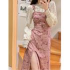 Long-sleeve Lace Blouse / Floral Print Slim-fit Sleeveless Dress