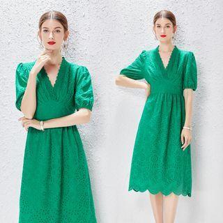 Elbow-sleeve V-neck Eyelet A-line Dress