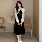 Mock Two-piece Lace Trim Collar Midi A-line Dress Black - One Size