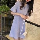 Elbow-sleeve Frill Trim A-line Mini Dress Light Gray - One Size