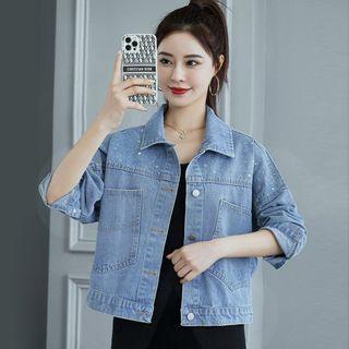 Long-sleeve Double Pocket Cropped Denim Jacket