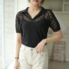 Open-placket Perforated Knit Top