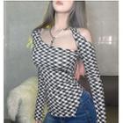 Long-sleeve Cold Shoulder Check Fitted Top