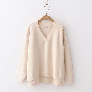 Plain V-neck Sweater Beige - One Size