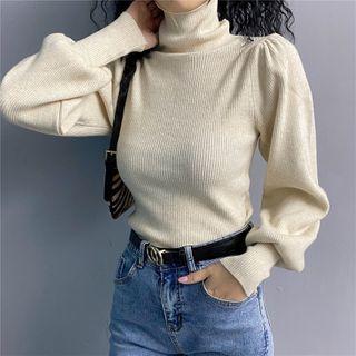 Mock-neck Plain Striped Knit Top