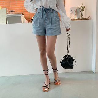 Beribboned Denim Shorts