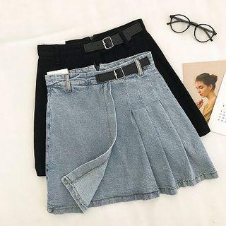 Plain High-waist Pleated Denim Skirt