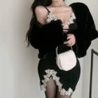 Spaghetti Strap Lace Trim Mini Bodycon Dress / Fluffy Jacket