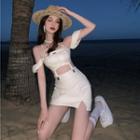 Off-shoulder Puff Sleeve Tube Top / High-waist Mini Split Skirt