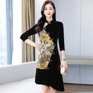 3/4-sleeve Paneled Asymmetric A-line Dress