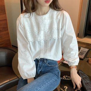 Two-way Flower Trim Round-neck Top White - One Size